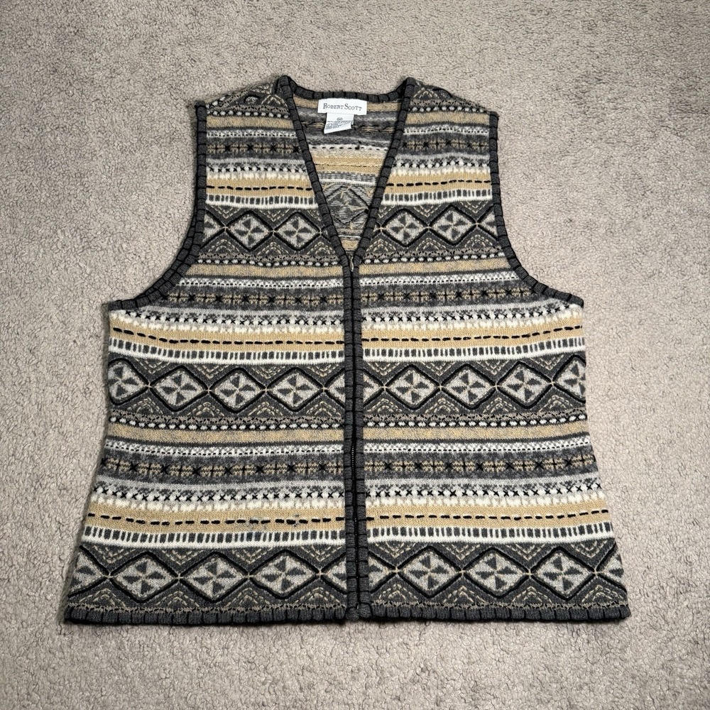 Vtg Robert Scott Women's Lambswool Knit Zip Up Sweater Vest Sz‎ M Gray Tan